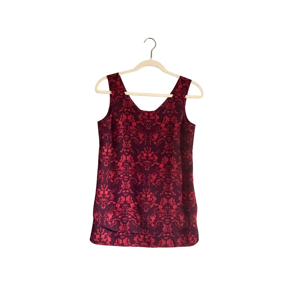 Cabi Womens Burgundy Red Damask Floral V-Neck Tiered Hem Sleeveless Tank Top XS